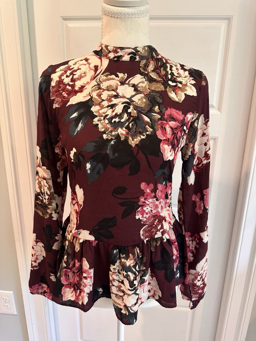 LOFT Outlet Petite XXSP Burgundy Floral Mock Neck Peplum Long Sleeve Blouse Top